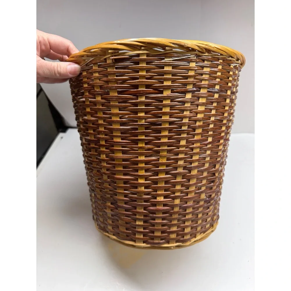 Woven Wicker Wastebasket Planter Two Tone Brown Tan Round Basket with Liner 10in